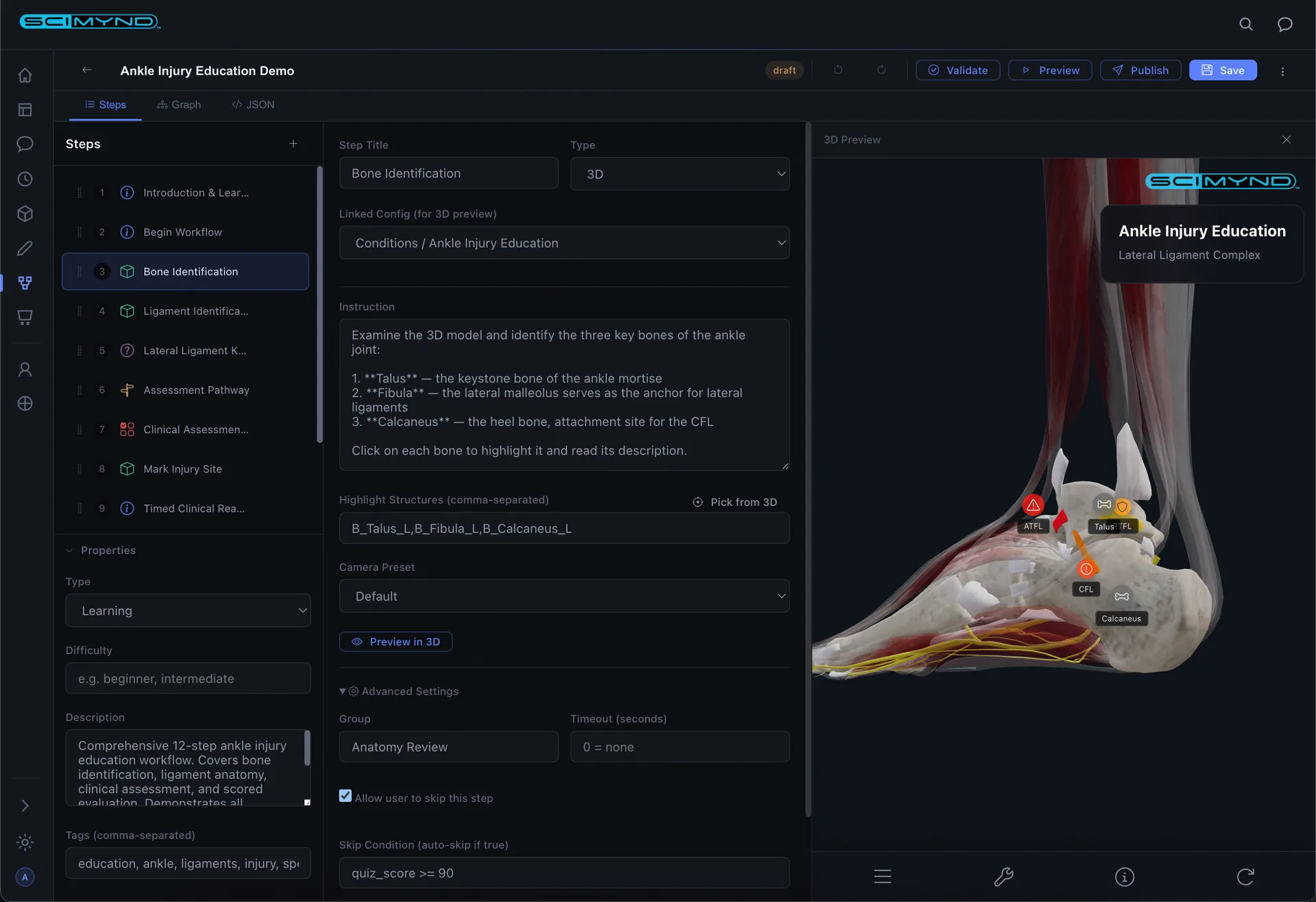 Three pane step editor with 3D preview